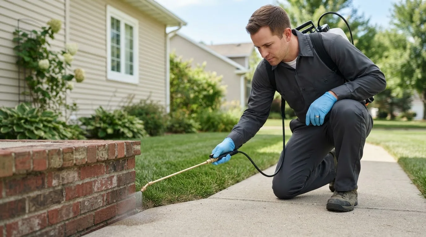 Pest control technician treating a home near Saint Louis, MI